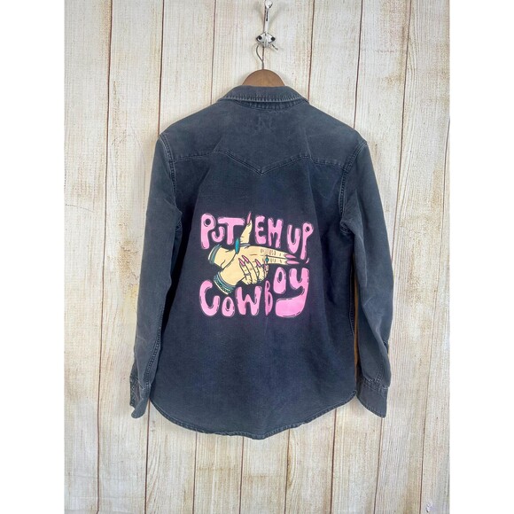 Upcycled Put ‘Em’ Up Cowboy Black Denim Shirt Jacket. - Picture 2 of 3